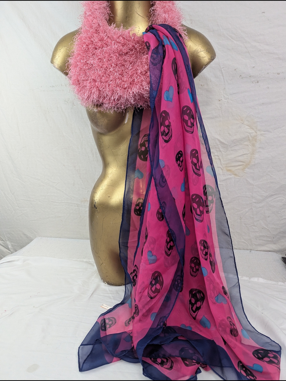 Bag & Scarf Combo Pink Skull & Heart Sheer Scarf With Furry Pink Minibag